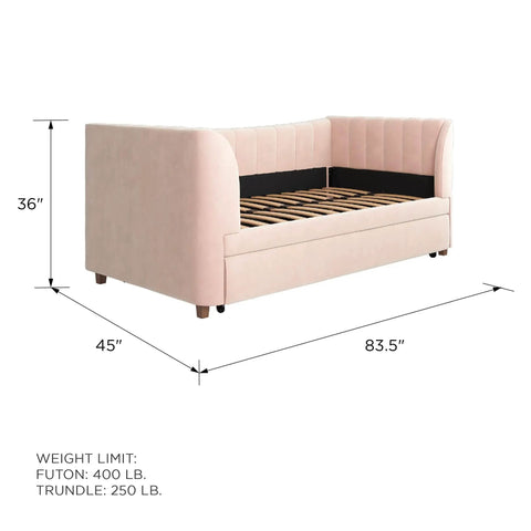 Valentina Twin Upholstered Daybed With Trundle In Pink Velvet For Sleepovers, side view with dimensions and weight limit