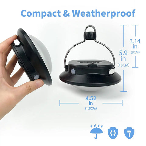 Compact view of Gen 2 3000LM UFO Camping Lantern Rechargeable Portable Tent Light With 200 Hour Runtime Waterproof, showing dimensions