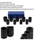 Top Tier 9PC Deep Impact Socket Set With 6 Point Grip For Heavy Duty Auto Repair Jobs That Won`t Slip Or Rust And Get The Job Done Right Away Today. 9-piece black steel sockets with blue metal box