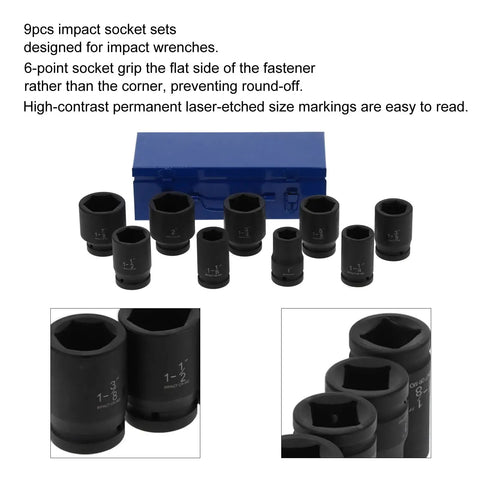 Top Tier 9PC Deep Impact Socket Set With 6 Point Grip For Heavy Duty Auto Repair Jobs That Won`t Slip Or Rust And Get The Job Done Right Away Today. 9-piece black steel sockets with blue metal box