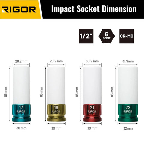 Non Marring 22mm Lug Nut Socket For 1/2 Inch Drive, Cr-Mo Steel, with Protective Sleeve, Shown in Dimension Chart