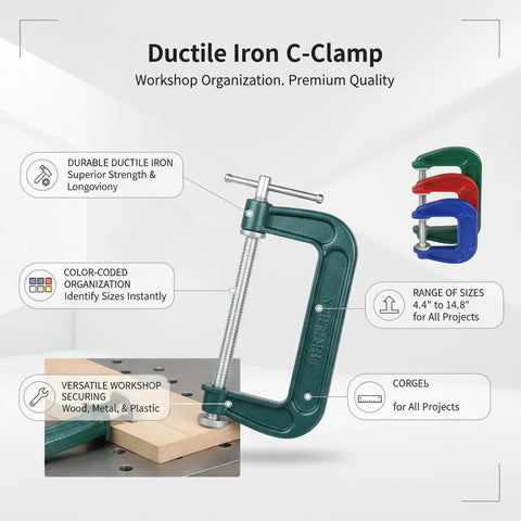 Heavy Duty Green Ductile Iron C Clamp For Secure Workholding And Tight Gluing Tasks With Smooth Screw Mechanism to Hold Pieces Firmly In Place