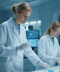 Women wearing Women White Lab Coat For Medical Pros Pro Grade Long Sleeve Doctor Costume Style Button Closure researching in a lab.