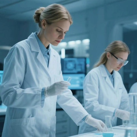 Women wearing Women White Lab Coat For Medical Pros Pro Grade Long Sleeve Doctor Costume Style Button Closure researching in a lab.