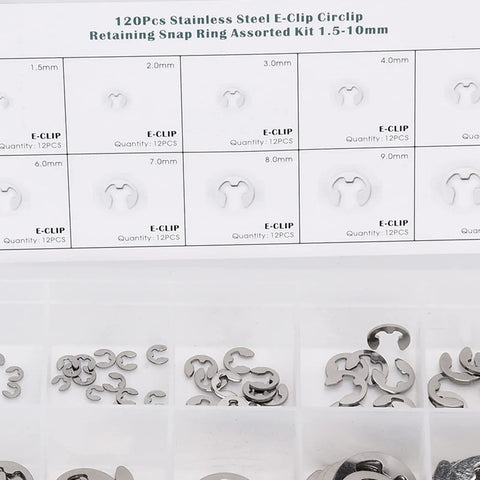 120Pcs E Clip Ring Set 1.5mm To 10mm Stainless Steel External Retaining Rings Circlip Assortment For Indoor Outdoor Use Rustproof Burr Free Surface Handy Clip Kit For Quick Fixes displayed in organizer box with visible clip sizes.