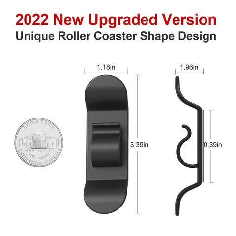 Black stick-on cord winder with dimensions and roller coaster shape, part of 10 Pack Cord Organizer For Kitchen Appliances Stick On Cord Winder Cord Wrapper For Coffee Makers Air Fryers Pressure Cookers Mixers And Toasters Includes Black White Gray Red Green Color Set.