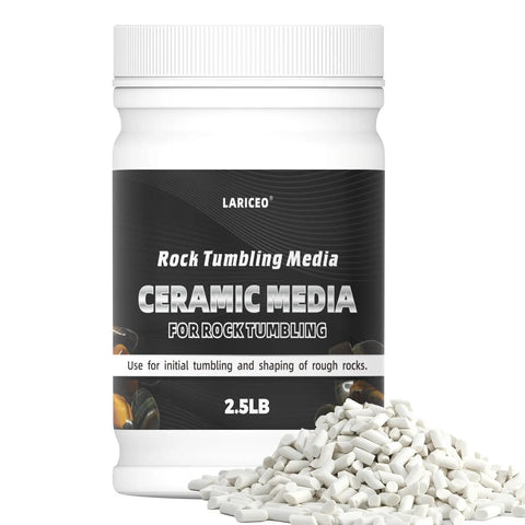 2.5 Lb Ceramic Media For Rock Tumbling Non Abrasive Filler Size Three Sixteenth By Three Eighth Inch bottle with media pile