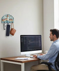 Office setup with Wall Mounted Key Holder With Four Hooks, Rustic Wood Key Rack For Home, Entryway Or Office, Modern Yet Beachy Seagull Decor above desk