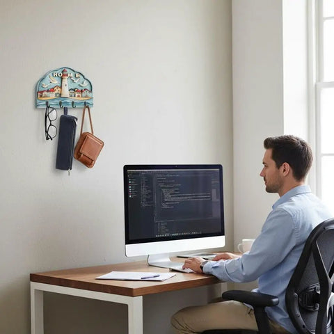Office setup with Wall Mounted Key Holder With Four Hooks, Rustic Wood Key Rack For Home, Entryway Or Office, Modern Yet Beachy Seagull Decor above desk