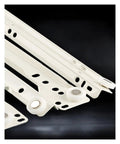 Close-up of Heavy Duty Drawer Track Slides For Two-Cabinet Furniture System No Fuss Glide with visible white metal roller pulley hardware.
