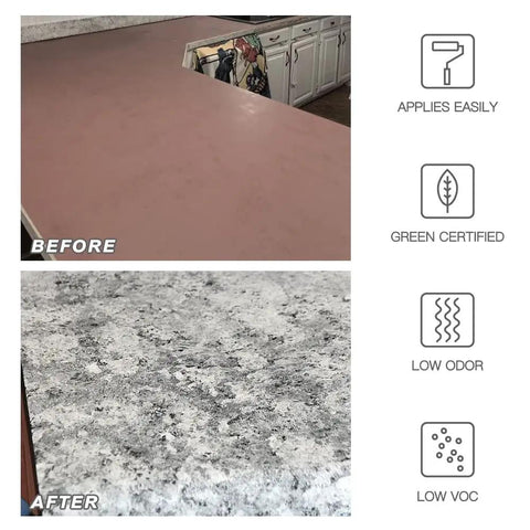Before and after view of kitchen countertop transformation using Granite Countertop Paint Kit Epoxy Refinishing For Kitchen And Bath 25X Thick Bright Gloss Coating In Pearl White DIY Countertop Makeover For A Sleek High Gloss Look Without Replacing Cabinets, highlighting the difference in appearance.