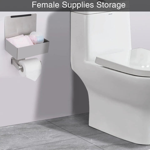 Adhesive Toilet Paper Holder With Shelf And Storage, Wall Mount Toilet Paper Roll Holder And Flushable Wipes Dispenser, Fits Any Bathroom, Stainless Steel Round Brushed Nickel, Easy Install, No Fuss Setup