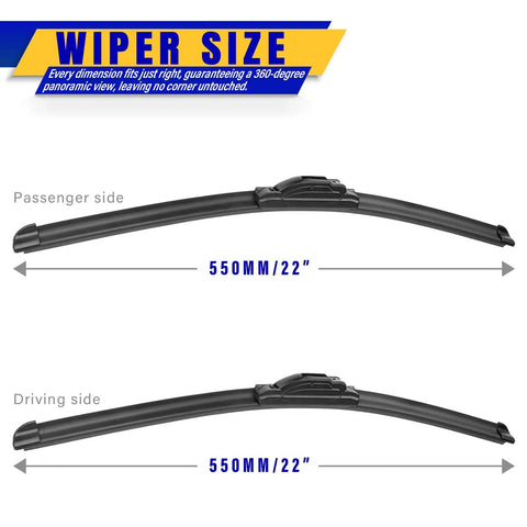 22 Inch Front Windshield Wiper Blades Replacement For Dodge Ram 1500 2500 3500 2009 2018 Challenger 2008 2023 And Charger 2006 2011 All Season Beefy Premium Durable Wipers With Heavy Duty Frame OEM Replacement, showing 22-inch wipers for passenger and driving sides, 550mm illustrated, focus keyword.