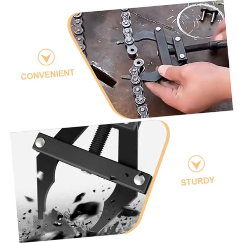 Heavy Duty Motorcycle Chain Tensioner Tool Multi Purpose Foolproof Chain Adjuster And Rugged Sprocket Cutter For Bike Repair Diy Mechanic Garage Project No Sweat, close-up of tool in use on motorcycle chain.