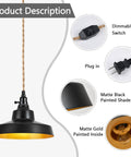 AMRUIPO 22FT Plug in Pendant Light Farmhouse Hanging Lamp Fixtures with matte black shade and gold interior, featuring a dimmable switch.