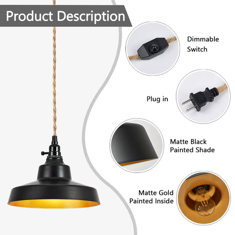 AMRUIPO 22FT Plug in Pendant Light Farmhouse Hanging Lamp Fixtures with matte black shade and gold interior, featuring a dimmable switch.