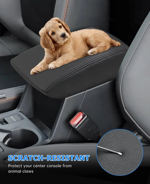 Center Console Cover For Subaru Forester 2025 2026 Leather Armrest Cover With Black Stitches protecting against pet claws
