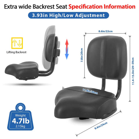 Oversized Bike Seat With Backrest For All Day Comfort And Easy Adjustable Height Saddle For Men And Women, black memory foam