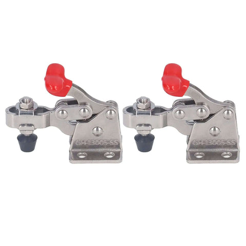 Quick Release Vertical Toggle Clamp For Woodworking 150 Lb Holding Capacity Easy Pin Removal Smooth Lever Action Heavy Duty Fixture For Home Diy Projects, shown in stainless steel with red handles