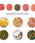 Durable Metal Precision Garden Seeder with nozzles for soy, corn, peanuts, cotton shown with applicable seed types on display