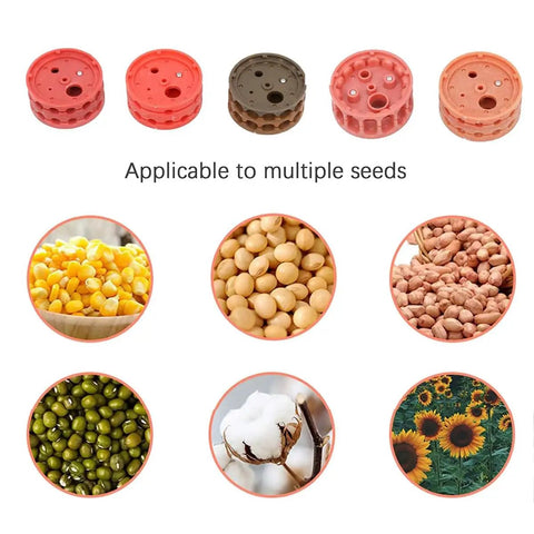 Durable Metal Precision Garden Seeder with nozzles for soy, corn, peanuts, cotton shown with applicable seed types on display
