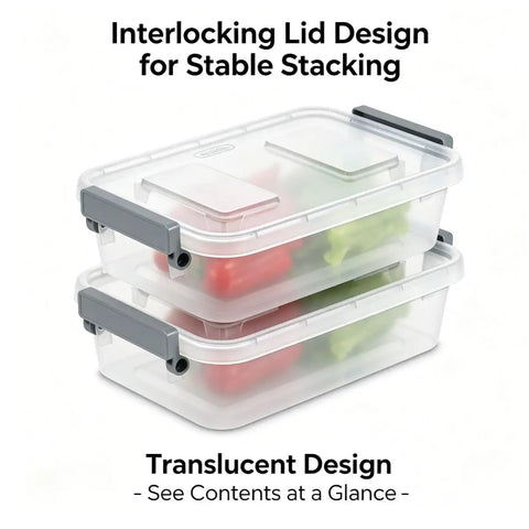 2 Pack Stack Em High Modular Storage Totes With Gray Write-On Lids, BPA Free Clear Plastic Bins Designed To Tame Craft Supplies, Beauty Goods And Keep Your Work Area Snazzy with interlocking lids.