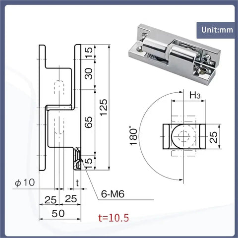 Technical drawing and photo of corner mounted zinc alloy hinges for equipment boxes and cabinet doors, beefy and stable design.