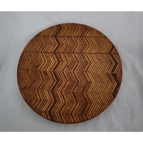 16 Inch Lazy Susan Serving Tray Made From Plywood And Hardwood Round Wood Display with herringbone pattern top view