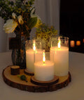 Clear Glass Flameless Candles With Timer And Remote Control Battery Powered LED Pillar Candles Set Of 3 In White Wax on wooden base