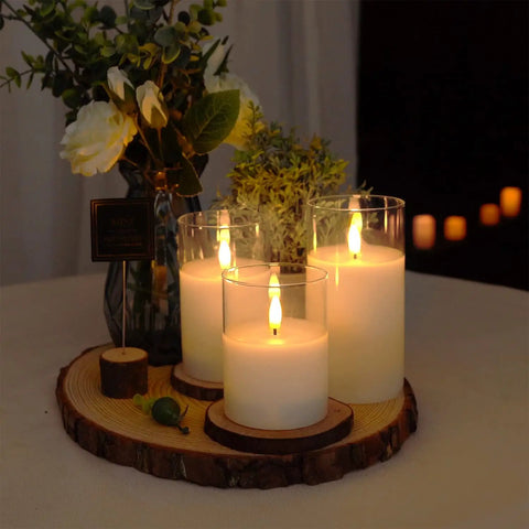 Clear Glass Flameless Candles With Timer And Remote Control Battery Powered LED Pillar Candles Set Of 3 In White Wax on wooden base