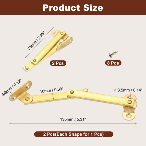 Pack Of Two Heavy Duty Brass Lift Hinges With Smooth Swing Lid Supports For Cabinet Wardrobe And Jewelry Box Features A Sweet Gold Tone Finish Easy Peasy Install Top Notch Woodworking Hardware For Left Or Right Doors size dimensions displayed, showcasing brass hinges and screws.