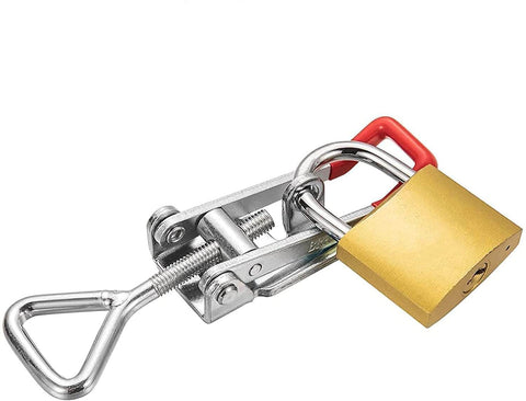Close-up of 4 Pack Heavy Duty 4002 Toggle Latch Clamp With Lock Hole For Quick Release, secure with metal fastener and padlock.
