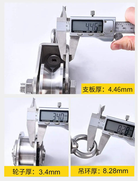 Set Of Two Heavy Duty Sheave Track Pulleys Crafted From Real Deal 304 Stainless Steel With Zero Drag Ball Bearings And A Slick 360 Rotating Ring Built Tough For Smooth Wire Rope And Sliding Door Track Runs Slot Width 25 Millimeter, showcasing precise measurements of pulley components.