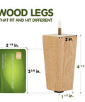 Four Point Five Inch Square Wood Furniture Legs Set Of Four With Adjustable Levelers; dimensions comparison showing rubber wood leg.