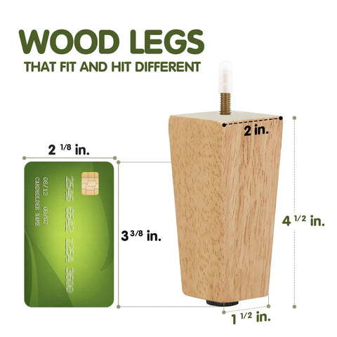 Four Point Five Inch Square Wood Furniture Legs Set Of Four With Adjustable Levelers; dimensions comparison showing rubber wood leg.