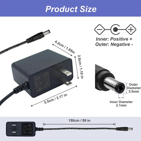 Go-To 12V 1A 12W Universal AC DC Power Adapter With 9 Interchangeable Jacks And 5.5x2.1mm Plug 5FT Cord dimensions shown