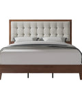 Top Shelf King Bed Frame Crafted From Solid Hardwood With A Fifty Inch Tall Tufted Linen Headboard And Rich Walnut Finish. Front view.
