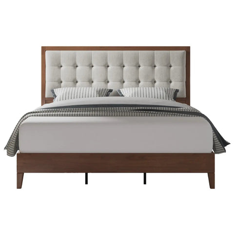 Top Shelf King Bed Frame Crafted From Solid Hardwood With A Fifty Inch Tall Tufted Linen Headboard And Rich Walnut Finish. Front view.