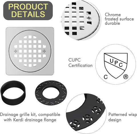 Square 4 Inch Shower Drain Kit with Flange in Matte Black 304 Stainless Steel Grate Replacement Compatible with Schluter Kerdi