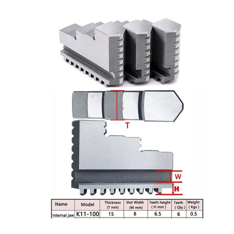 K11 100 External Lathe Chuck With 100mm Internal Jaws, showing jaw dimensions and details for precision metal turning.