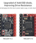 Comparison of Six Pack TMC2209 V11 Stepper Motor Drivers V1.2 and V1.3 showing ESD diode upgrades