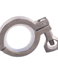 Front view of stainless steel sanitary tri-clamp with white silicone gasket and wing-nut