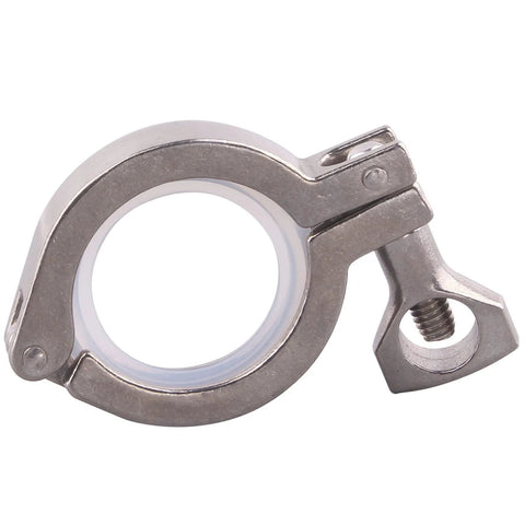 Front view of stainless steel sanitary tri-clamp with white silicone gasket and wing-nut