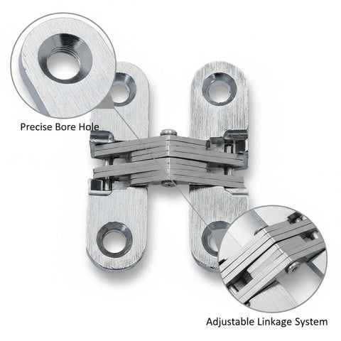 Close-up of Adjustable Concealed Cross Hinge For Cabinet Doors With Zinc Alloy Invisible Hardware And Chrome Finish Flush Mount