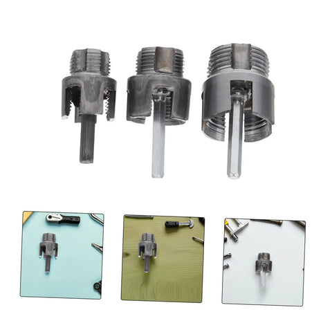 Versatile 3-Piece Pipe Threading Tool Kit For Pvc And Metal Water Pipes Compatible With Electric Drills showing three threaded cutters.