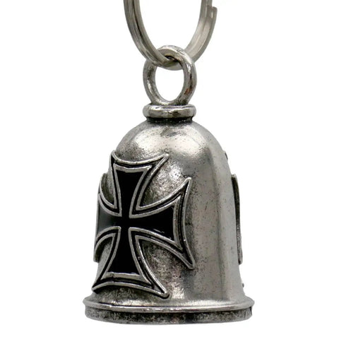 Iron Cross Motorcycle Good Luck Bell With Key Ring For Bikers Pewter Durable Weather Resistant Keychain Charm close-up view