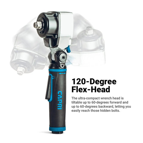 Badass Ultra Compact 3/8 Inch Flex Head Air Impact Wrench Boasting Dope 369 Foot Pounds Of Torque For Cramped Corners And Greasy Auto Repair Jobs Smooth Pneumatic Power Tool with 120-degree flex head.