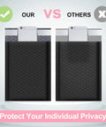 Comparison of Black Bubble Mailers 4x8 Inch 50 Pack Padded Self Seal Envelopes highlighting privacy protection.