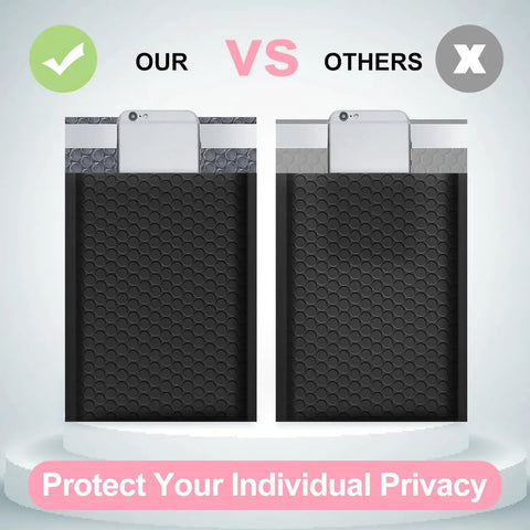 Comparison of Black Bubble Mailers 4x8 Inch 50 Pack Padded Self Seal Envelopes highlighting privacy protection.