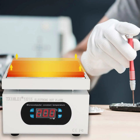 Beefed Up 500W 110V Soldering Hot Plate Rework Station with LED Digital Temperature Display and Tweezers in action